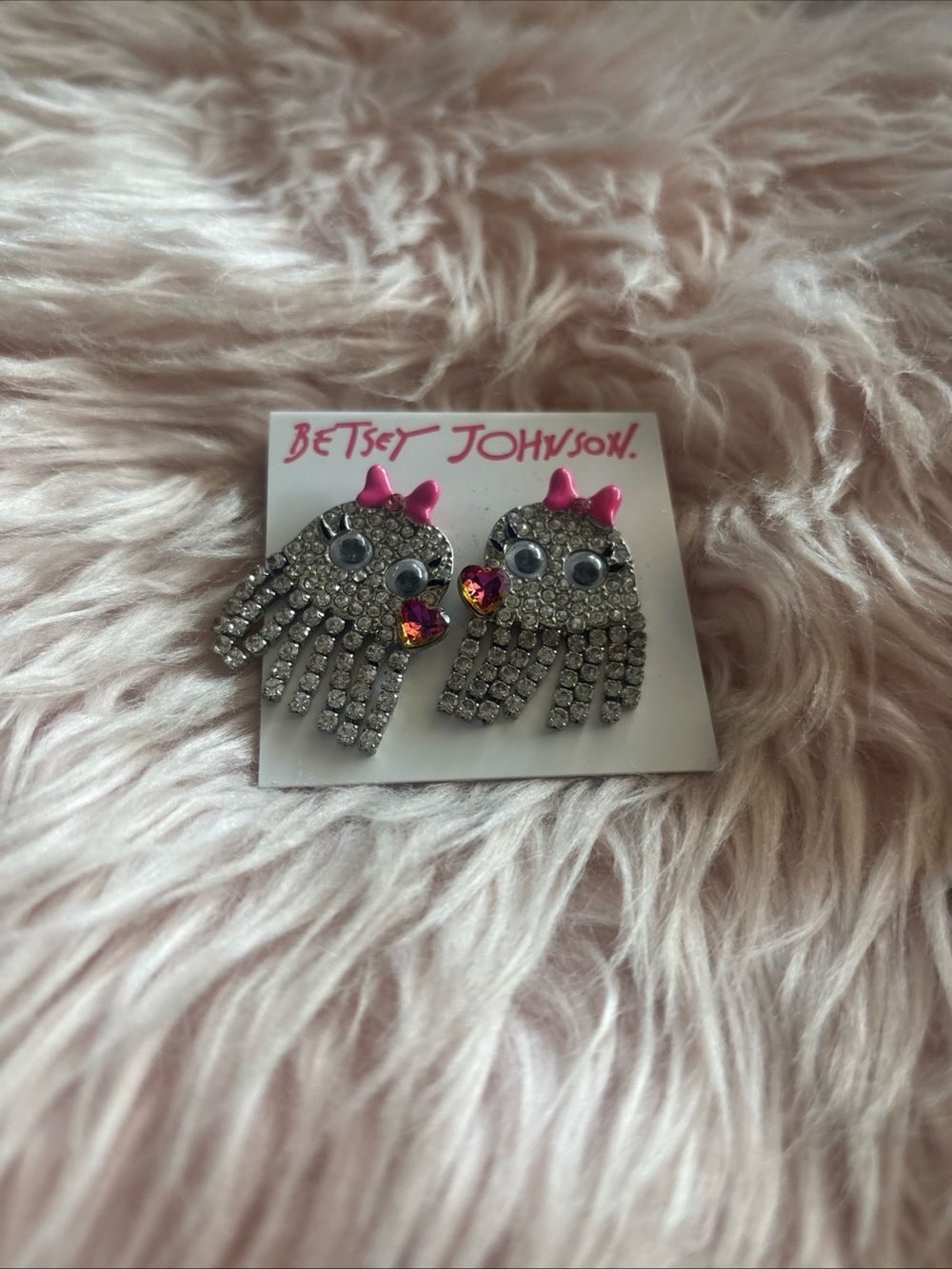 Betsey Johnson Silver Crystal ghost Earrings with Pink Bows